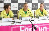 Australian Fed Cup captain Alicia Molik flanked by singles players and doubles duo Ash Barty (L) and Sam Stosur (R); Getty Images