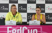 Alicia Molik (L) and Ash Barty speak to the media following Barty's win over Victoria Azarenka in the second singles rubber of Australia's Fed Cup semifinal against Belarus (Getty Images)