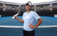 Priscilla Hon chats to the media at Pat Rafter Arena ahead of Australia's Fed Cup semifinal tie in Brisbane against Belarus (Getty Images)