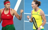 Aryna Sabalenka (L) and Sam Stosur during thier Fed Cup semifinal singles rubber (Getty Images)