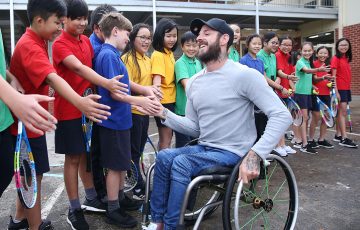 ON THE ROAD: Paralympic gold medallist Heath Davidson helped launch the ANZ Tennis Hot Shots Racquet Roadshow at St Joseph’s Catholic Primary School in Springvale; Getty Images