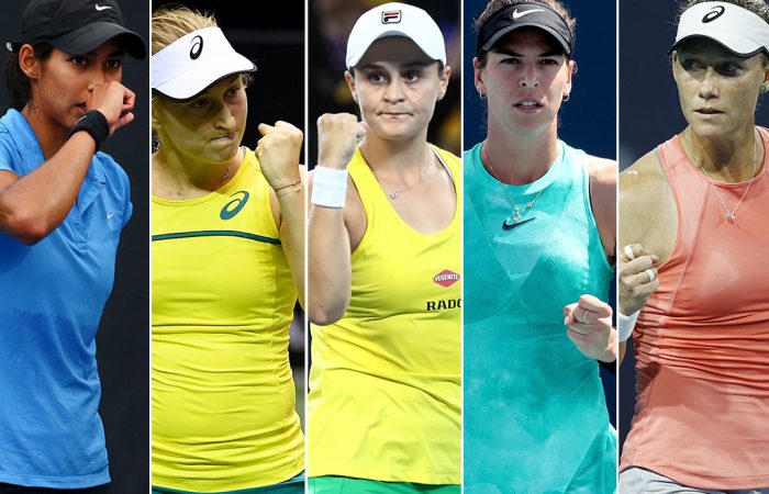 (L-R) Astra Sharma, Daria Gavrilova, Ash Barty, Ajla Tomljanovic and Sam Stosur (Getty Images)