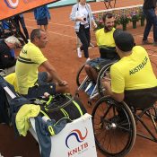 Francois Vogelsberger (L) with Dylan Alcott and Heath Davidson at the 2018 World Team Cup in the Netherlands.