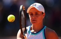 ROME, ITALY - MAY 16: Ashleigh Barty of Australia plays a backhand against Kristina Mladenovic of France in their Women's Singles Round of 16 match during Day Five of the International BNL d'Italia at Foro Italico on May 16, 2019 in Rome, Italy. (Photo by Clive Brunskill/Getty Images)