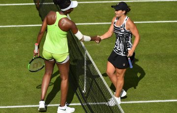 BIRMINGHAM, ENGLAND - JUNE 21: Ashleigh Barty of Australia shakes Venus Williams of United States hand after she beats during day five of the Nature Valley Classic at Edgbaston Priory Club on June 21, 2019 in Birmingham, United Kingdom. (Photo by Nathan Stirk/Getty Images)