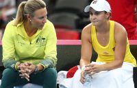 BRISBANE, AUSTRALIA - APRIL 21: Ashleigh Barty and Australian Captain Alicia Molik talk in her match against Aryna Sabalenka of Belarus during the Fed Cup World Group Semi Final - Australia v Belarus at Pat Rafter Arena on April 21, 2019 in Brisbane, Australia. (Photo by Chris Hyde/Getty Images)