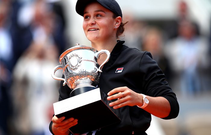 PARIS, FRANCE - JUNE 08: Ashleigh Barty of Australia celebrates victory with the trophy following the ladies singles final against Marketa Vondrousova of The Czech Republic during Day fourteen of the 2019 French Open at Roland Garros on June 08, 2019 in Paris, France. (Photo by Clive Brunskill/Getty Images)