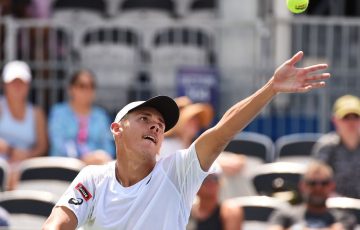 Alex de Minaur serves to Reilly Opelka during his win over the American in the semifinals of the ATP Atlanta Open (Getty Images)