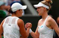 Ash Barty (L) shakes hands with Alison Riske after the American won their fourth-round match at Wimbledon (Getty Images)