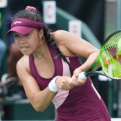 Lizette Cabrera in action during the final of the ITF 80K title in Granby, Canada (photo: Sarah-Jäde Champagne/Tennis Canada)