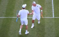 FIRED UP: Lleyton Hewitt and Jordan Thompson during their first-round win at Wimbledon; Getty Images