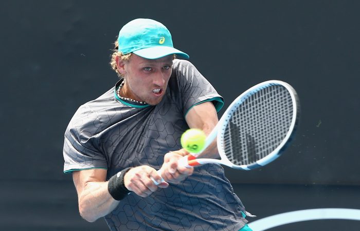 MELBOURNE, AUSTRALIA - JANUARY 10:  Maverick Banes of Australia competes in his first round match against Norbert Gombos of Slovakia during 2018 Australian Open Qualifying at Melbourne Park on January 10, 2018 in Melbourne, Australia.  (Photo by Robert Prezioso/Getty Images)