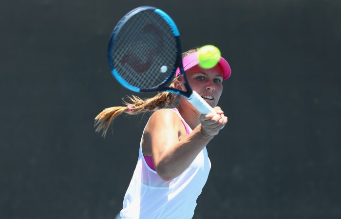 MELBOURNE, AUSTRALIA - JANUARY 09:  Maddison Inglis of Australia hits a forehand in her match against Naiktha Bains of Australia during day two of Qualifying for the 2019 Australian Open at Melbourne Park on January 9, 2019 in Melbourne, Australia.  (Photo by Mike Owen/Getty Images)