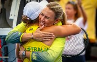 LEADER: Alicia Molik embraces Australian No.1 Ash Barty during the Fed Cup semifinal in Brisbane in April; Getty Images