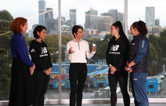 INSPIRING LEADER: Tennis Australia Chair Jayne Hrdlicka talks to President's Women in Tennis scholarship recipients. 