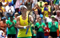 Ash Barty celebrates her dominant victory over Caroline Garcia in the second rubber of the Australia v France Fed Cup final in Perth. (Getty Images)