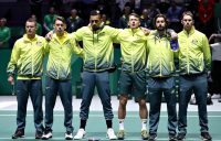 The Australian Davis Cup team stands for the national anthem prior to its Davis Cup quarterfinal against Canada in Madrid. (Getty Images)