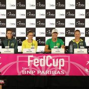 The Australian Fed Cup team of (L-R) Priscilla Hon, Ajla Tomljanovic, Ash Barty, Alicia Molik, Sam Stosur and Astra Sharma speak to the press ahead of the 2019 final against France in Perth. (Getty Images)