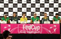 The Australian Fed Cup team of (L-R) Priscilla Hon, Ajla Tomljanovic, Ash Barty, Alicia Molik, Sam Stosur and Astra Sharma speak to the press ahead of the 2019 final against France in Perth. (Getty Images)