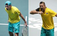 Alex de Minaur (L) and Nick Kyrgios celebrate their straight-sets wins in the singles rubbers of Australia's Davis Cup tie against Belgium in Madrid. (Getty Images)