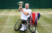 Dylan Alcott celebrates his Wimbledon quad wheelchair singles title. (Getty Images)