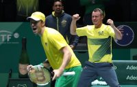 PUMPED: John Peers, Nick Kyrgios and captain Lleyton Hewitt celebrate Australia's 3-0 win over Colombia in their opening group match in Madrid; Getty Images