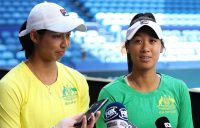 Astra Sharma (L) and Priscilla Hon chat to the media ahead of the 2019 Fed Cup final in Perth. (Getty Images)