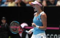 Kristina Mladenovic celebrates her win over Ajla Tomljanovic in the opening singles rubber of the Australia v France Fed Cup final in Perth. (Getty Images)