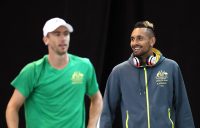 John Millman (L) and Nick Kyrgios during an Australian Davis Cup team training session in Madrid. (Getty Images)