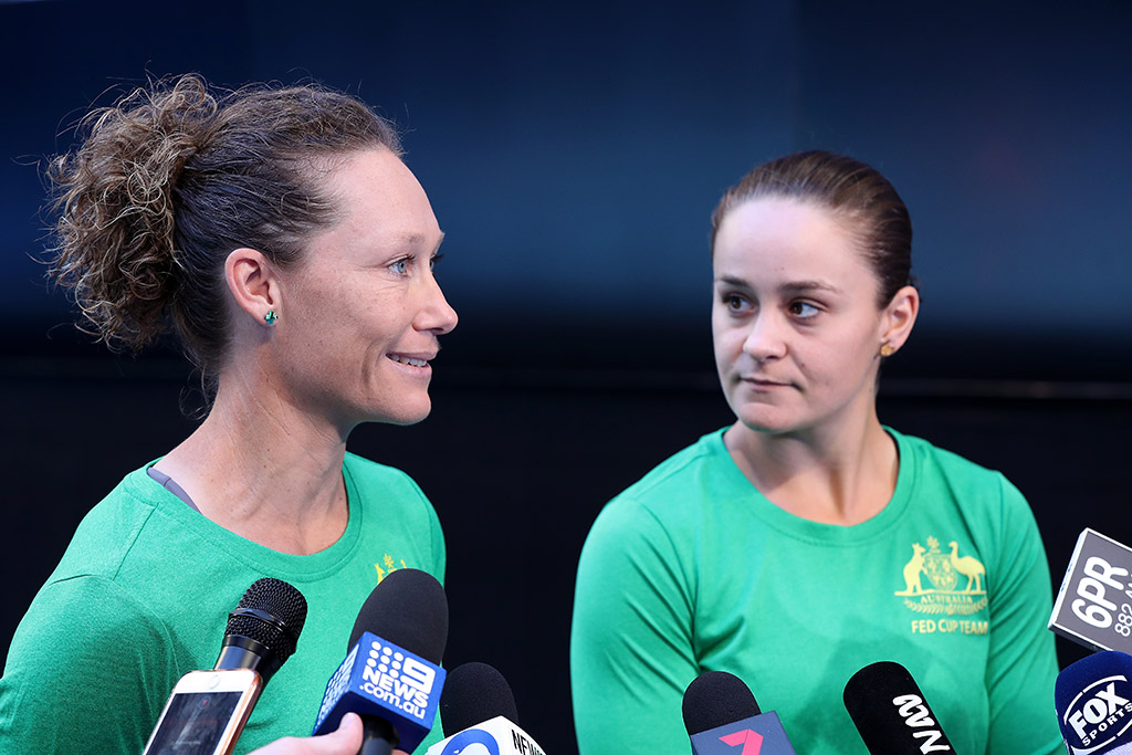 Sam Stosur (L) and Ash Barty chat to the media at RAC Arena ahead of this weekend's Fed Cup final in Perth. (Getty Images)