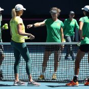 Sam Stosur (centre) chats to the Australian Fed Cup team during a doubles training session ahead of the final in Perth. (Getty Images)