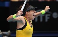 Ajla Tomljanovic celebrates her victory over Pauline Parmentier in the second of the reverse singles rubbers in the Australia v France Fed Cup final in Perth. (Getty Images)