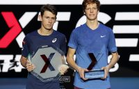 MILAN, ITALY - NOVEMBER 09: Jannik Sinner of Italy celebrates with the winners trophy next to runner up Alex de Minaur of Australia in the final during Day Five of the Next Gen ATP Finals at Allianz Cloud on November 09, 2019 in Milan, Italy. (Photo by Julian Finney/Getty Images)