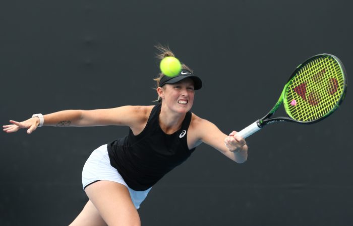 MELBOURNE, AUSTRALIA - DECEMBER 14: Abbie Myers of New South Wales plays a forehand in her Woman's Singles 2019 Australian Open Wildcard Play-Off Semi-Final match against Storm Sanders of Western Australia at Melbourne Park on December 14, 2019 in Melbourne, Australia. (Photo by Mike Owen/Getty Images for Tennis Australia)