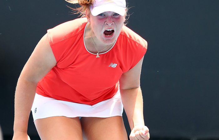 Charlotte Kempenaers-Pocz celebrates victory in her 18/u semifinal against Annerly Poulos during the December Showdown. (Getty Images)