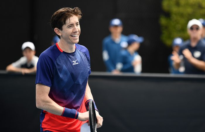 John-Patrick Smith reacts following his victory over Max Purcell in the final of the AO Play-off. (Photo: Elizabeth Bai/Tennis Australia)