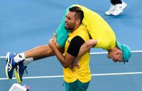 Nick Kyrgios and Alex de Minaur celebrate Team Australia's epic quarterfinal victory at the ATP Cup in Brisbane; Getty Images