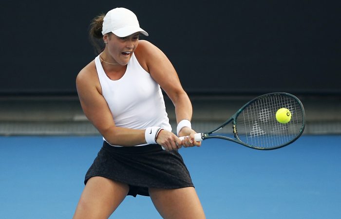 MELBOURNE, AUSTRALIA - JANUARY 14: Ivana Popovic of Australia plays a backhand in her match against Ana Bogdan of Romania during 2020 Australian Open Qualifying at Melbourne Park on January 14, 2020 in Melbourne, Australia. (Photo by Daniel Pockett/Getty Images)