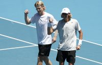 FINALS BOUND: Luke Saville and Max Purcell celebrate their Australian Open semifinal victory. Picture: Getty Images