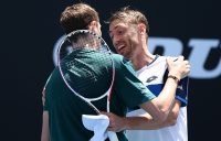 John Millman (R) congratulates Ugo Humbert after winning their Australian Open first-round match. (Getty Images)
