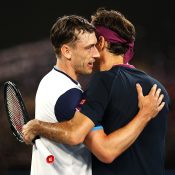 John Millman (L) congratulates Roger Federer after the Swiss won their third round match at Australian Open 2020. (Getty Images)