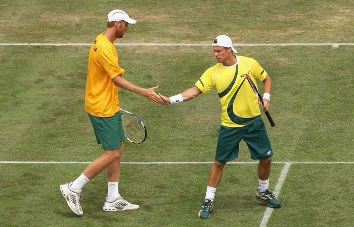 Chris Guccione and Lleyton Hewitt compete in a Davis Cup tie at the Geelong Lawn Tennis Club in 2012 Getty Images  