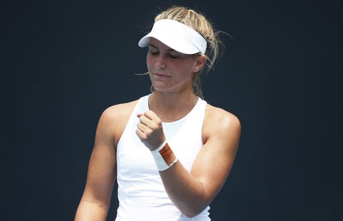 MELBOURNE, AUSTRALIA - JANUARY 14: Maddison Inglis of Australia celebrates a point in her match against Rebecca Sramkova of Slovakia during 2020 Australian Open Qualifying at Melbourne Park on January 14, 2020 in Melbourne, Australia. (Photo by Daniel Pockett/Getty Images)