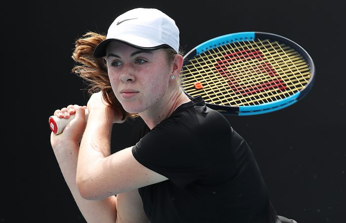 MELBOURNE, AUSTRALIA - JANUARY 27: Talia Gibson of Australia plays a backhand during her Junior Girls' Singles second round match against Ane Mintegi Del Olmo of Spain on day eight of the 2020 Australian Open at Melbourne Park on January 27, 2020 in Melbourne, Australia. (Photo by Jonathan DiMaggio/Getty Images)