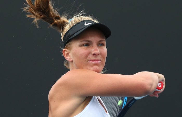 MELBOURNE, AUSTRALIA - DECEMBER 10: Maddison Inglis of Western Australia plays a backhand in the Woman's Singles 2019 Australian Open Wildcard Play-Off match against Charlottte Kempenaers-Pocz of South Australia at Melbourne Park on December 10, 2019 in Melbourne, Australia. (Photo by Mike Owen/Getty Images for Tennis Australia)