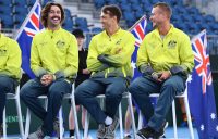 HAPPY TEAM: Jordan Thompson, John Millman and Lleyton Hewitt share a laugh during the official draw ceremony for the Davis Cup qualifying tie against Brazil in Adelaide. Picture: Getty Images