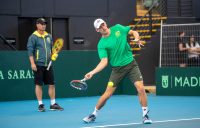 PREPARATIONS: Australian Davis Cup captain Lleyton Hewitt keeps a watchful eye on John Millman in Adelaide.