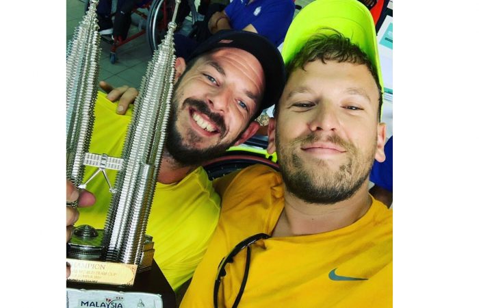 WINNERS: Heath Davidson and Dylan Alcott celebrate their World Team Cup Asia and Oceania qualification victory. WINNERS: Heath Davidson and Dylan Alcott celebrate their World Team Cup Asia and Oceania qualification victory.