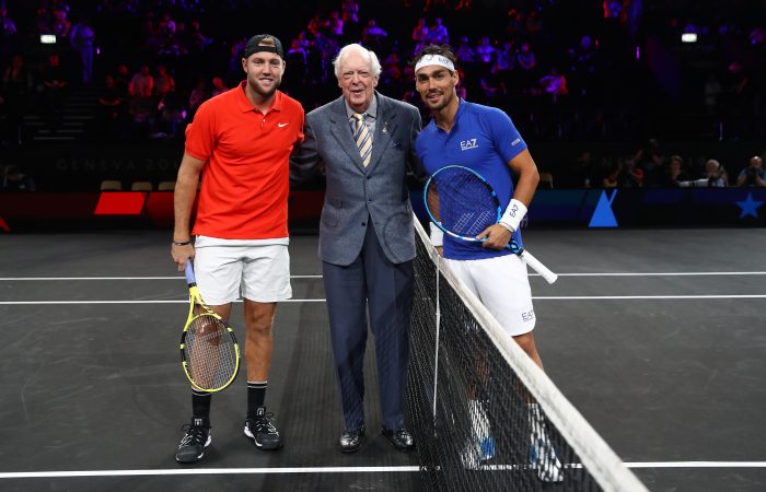 HONOURED: Australian tennis legend Fred Stolle, middle, with Jack Sock and Fabio Fognini at the 2019 Laver Cup. Picture: Getty Images