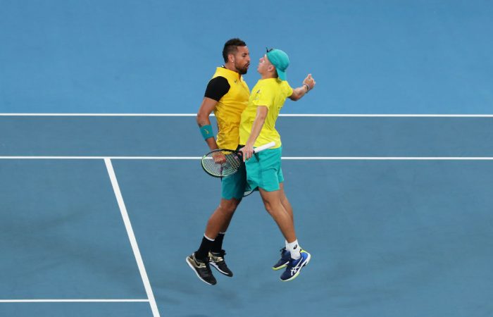 TEAM MATES: Nick Kyrgios and Alex de Minaur in action during the ATP Cup in January. Picture: Getty Images